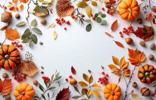 wit oppervlakte met herfst bladeren en eikels foto
