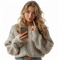 vrouw Holding een slim telefoon in haar Rechtsaf hand- foto