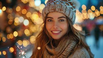 vrouw in winter hoed en sjaal glimlacht Bij camera foto