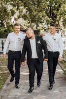 drie mannen in pakken wandelen naar beneden een pad met bloemen Aan hun halsbanden foto