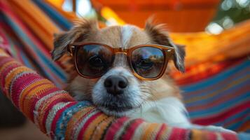 klein hond vervelend zonnebril houdende in hangmat foto