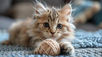 klein katje spelen met garen bal foto