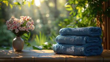 stack van blauw handdoeken Aan houten tafel foto