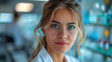 vrouw vervelend bril en laboratorium jas foto