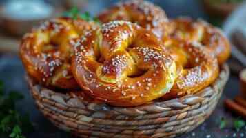 mand gevulde met pretzels Aan een tafel foto