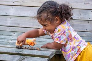 krullend haar Afrikaanse Amerikaans kleuter spelen met een speelgoed- en pijnboom kegels Aan een houten bank, weergeven nieuwsgierigheid en vreugde in een gewoontjes. kinderjaren exploratie en fantasierijk Speel. foto