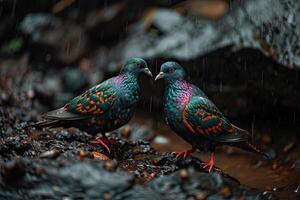 een paar van columba livia domestica staand in klein wortel in regen vallen foto