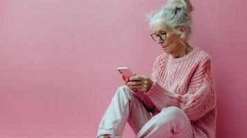 ouder vrouw zittend Aan bankstel op zoek Bij cel telefoon foto