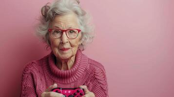 ouderen vrouw in roze trui Holding kop foto