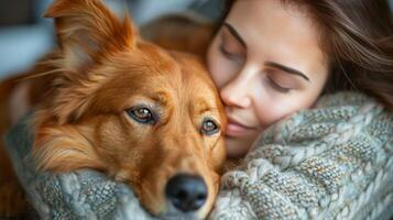 vrouw knuffelen hond met ogen Gesloten foto