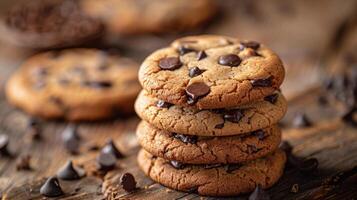 stack van chocola spaander koekjes Aan houten tafel foto