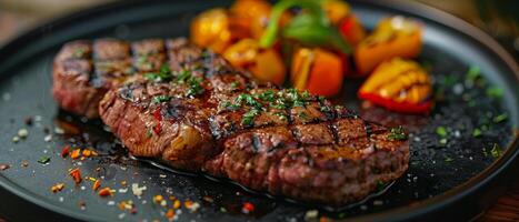 stuk van steak Aan houten bord foto