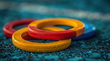 olympisch ringen Aan kleurrijk achtergrond foto
