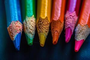 groep van gekleurde potloden geregeld netjes foto