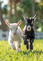 twee jong geiten rennen door groen gras Aan een zonnig dag foto