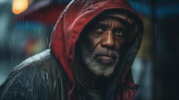 ai gegenereerd Mens trotseren de regen met hoop. vertegenwoordiging van doorzettingsvermogen, het leven ontberingen, en de menselijk voorwaarde. foto