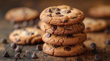 stack van chocola spaander koekjes Aan houten tafel foto