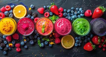 kleurrijk fruit smoothies met bessen en munt Aan een zwart tafelblad foto