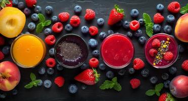 kleurrijk fruit smoothies met bessen en munt Aan een zwart tafelblad foto
