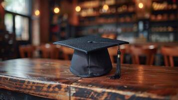 blauw diploma uitreiking pet Aan houten tafel foto