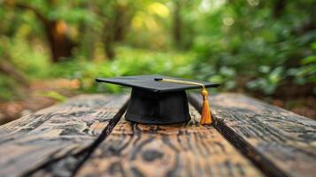 blauw diploma uitreiking pet Aan houten tafel foto