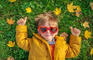 weinig jongen in geel jasje vervelend zonnebril foto