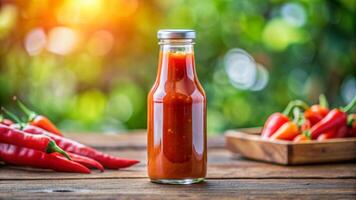 heet saus in een glas fles Aan een houten tafel foto