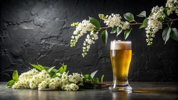 een glas van bier en wit bloemen Aan een tafel foto