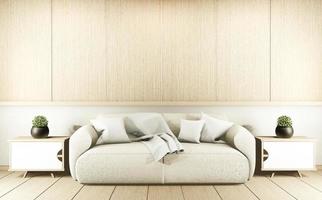 moderne zen woonkamer interieur, witte bank en decor Japanse stijl op kamer witte muur achtergrond. 3D-rendering foto