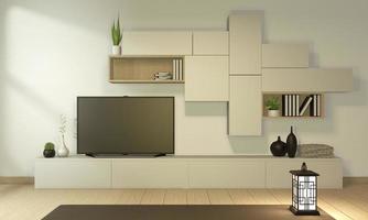 tv-kast in moderne lege kamer japans - zen-stijl, minimale ontwerpen. 3D-rendering foto