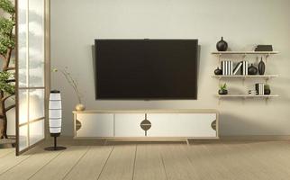 tv aan de muur en houten kast in moderne lege kamer japanse minimale ontwerpen. 3D-rendering foto