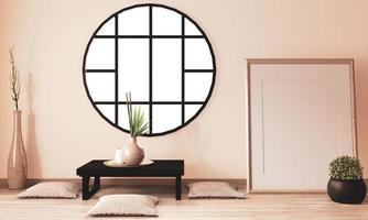 zen kamer interieur, ryokan kamerontwerp en decoratie houten ontwerp, aardetint.3D-rendering foto