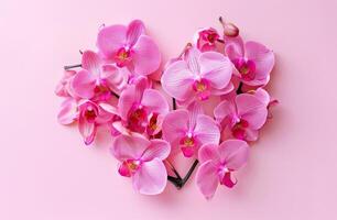 hart vormig roze orchidee arrangement Aan roze achtergrond foto