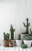 groep van ingemaakt planten Aan houten tafel foto