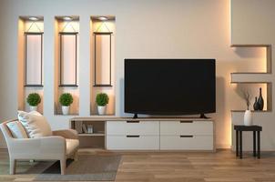 tv-kast op zen kamer interieur en plank muur ontwerp verborgen licht, minimalistisch en zen interieur van woonkamer japanse stijl. 3d rendering foto