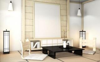 Zen kamer interieur houten muur op tatami mat vloer met posterframe, lage tafel en fauteuil.3D-rendering foto