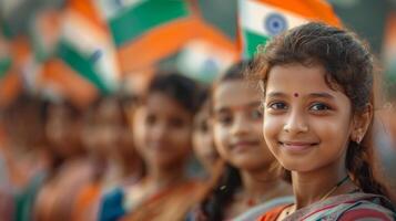 Indisch kinderen vieren Indisch onafhankelijkheid dag. achtergrond van drukte golvend Indisch vlaggen. Indisch onafhankelijkheid dag viering. foto