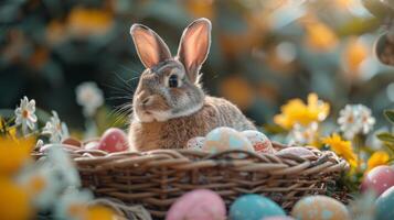 konijn zittend in mand van eieren foto