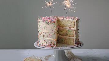 taart met wit glimmertjes en hagelslag, plak besnoeiing uit foto