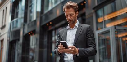 Mens in pak controle cel telefoon foto