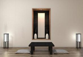 minimalistische moderne zen-woonkamer met houten vloer en decor Japanse stijl. 3D-rendering foto