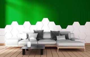 modern woonkamerinterieur met fauteuildecoratie en groene planten op zeshoekige groene tegel op witte muurachtergrond, minimaal ontwerp, 3D-rendering foto