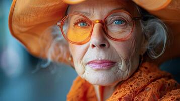 ouderen vrouw in helder oranje hoed en bril foto