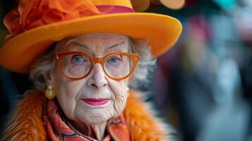 ouderen vrouw in helder oranje hoed en bril foto