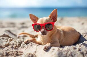 hond vervelend rood zonnebril Aan strand foto