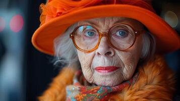 ouderen vrouw in helder oranje hoed en bril foto