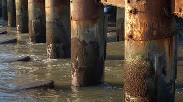 de verroest verweerd pijlers van de pier staand hoog hun schaduwen uitrekken uit langs de wateren oppervlakte foto