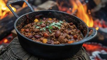 gemaakt met een geheim mengsel van es en langzaam gekookt over- een Open brand onze kampvuur Chili is een moet proberen voor ieder buitenshuis excursie foto