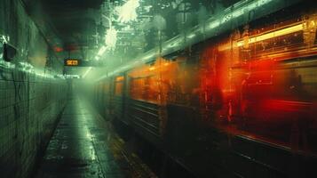 structuur van snelbewegend treinen ping door een wazig en zanderig metro station foto