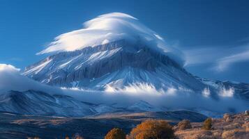 detailopname van de glad bijna glimmend structuur van lenticulair wolken zweven bovenstaand een berg top foto